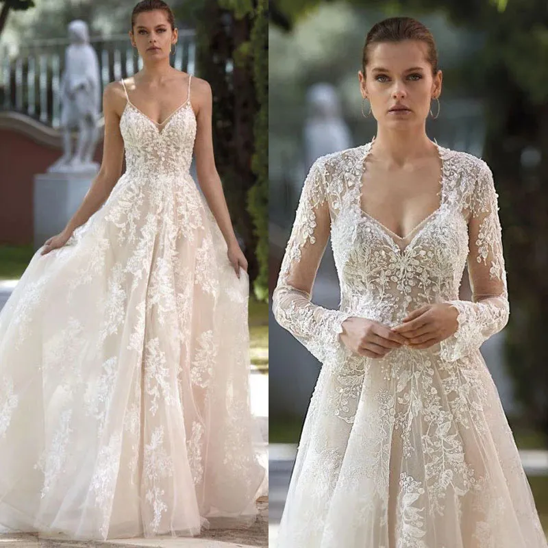 Vestido De Novia 2022 A-Line Cloak Wedding Dress Luxurious 3D Lace Applique V-neck Regular Spaghetti Bride Dress