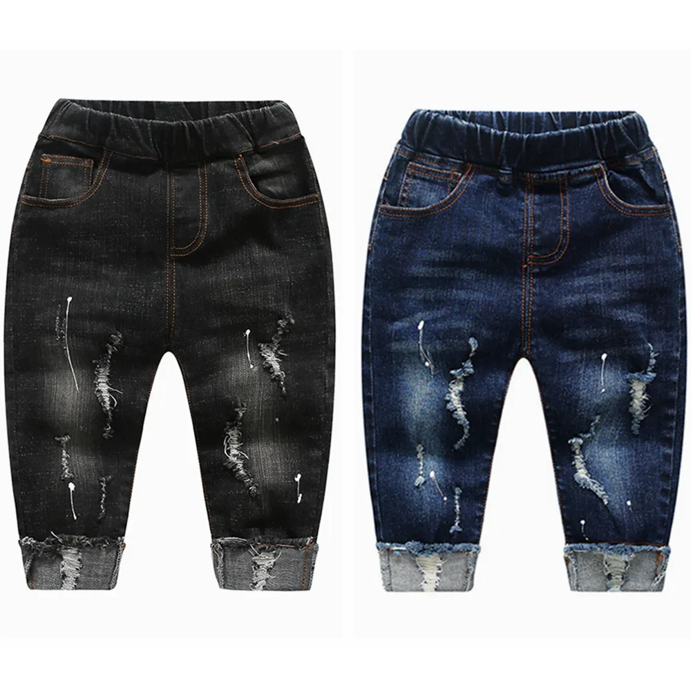 Calças 0 5t Jeans bebês meninos jeans elásticos para crianças calças meninas calças pequenas crianças roupas azuis azul ripped buraco 221207