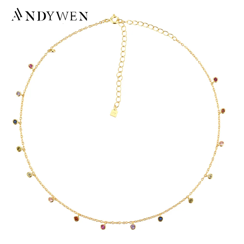 Chokers ANDYWEN 925 Sterling Silver Gold Rainbow Zircon Charm Choker Chain Necklace Rock Punk Party Beads Pendant Fine Jewelry 221207