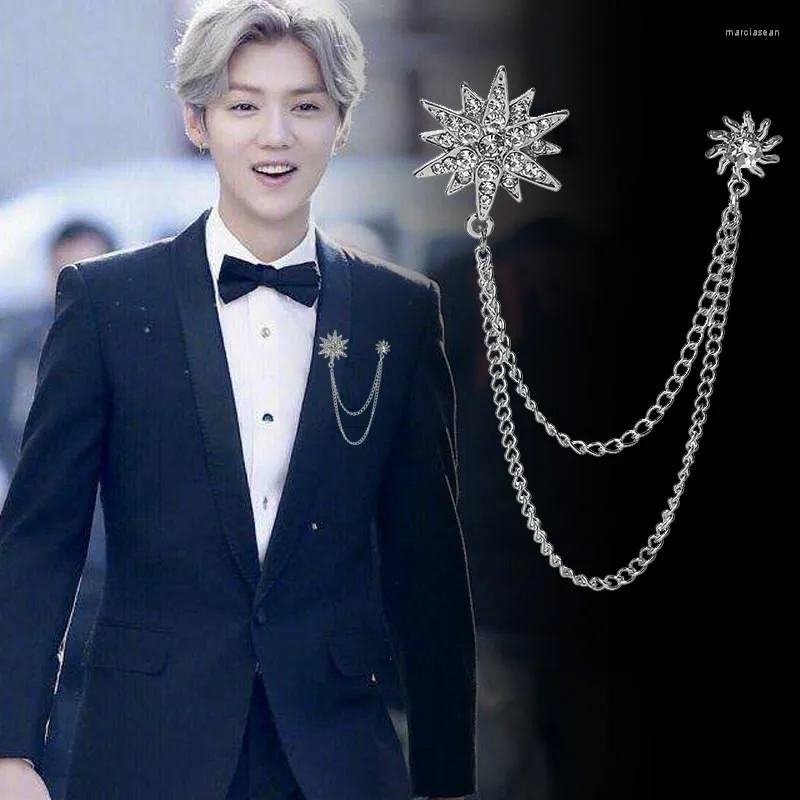 Broches moda coreana cristal Hexagonal estrella broche borla solapa alfileres insignia camisa Collar cadena joyería regalos para hombres Accesorios