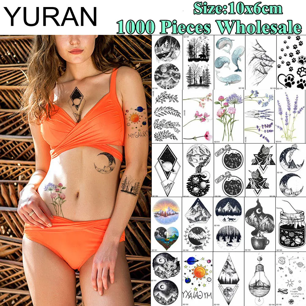 Tatuagens temporárias yuran 1000 peças por atacado 10x6cm tatuagem falsa TATOO TEMETRICA DE LOLF TEMÉRIA TATOO ROSE PARA HOMENS MENINAS TATTOO DE TATTOOO DE ARTE DE ARTE