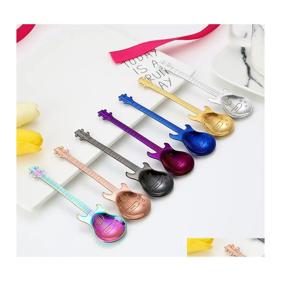 Spoons Creative Stainless Steel Coffee Spoons Guitar Violin Shape Dessert Spoon Stirring Lovely Titanium Plated Ice Scoop 577 R2 Dro Dhwce