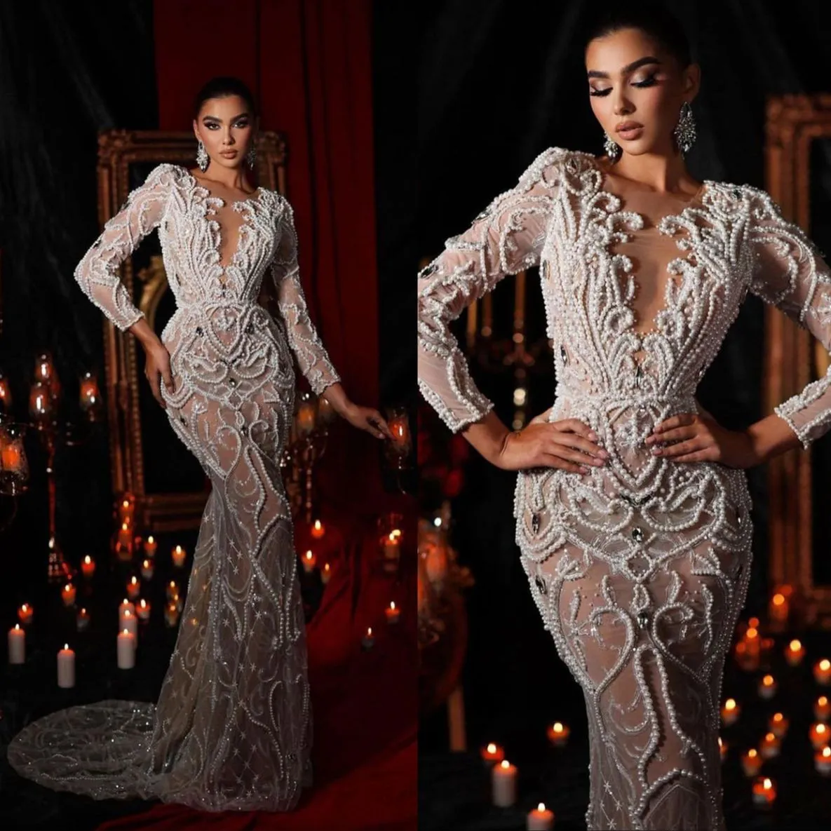 Grânulos de luxo pérolas sereia vestidos de casamento requintado branco manga longa cristal vestidos de noiva aso ebi vestido de noiva árabe