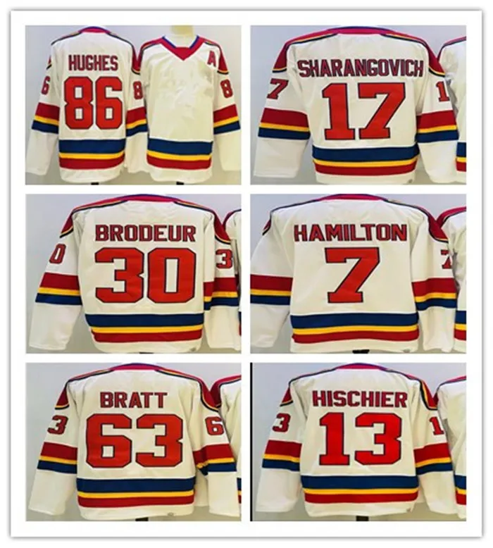 Maillot de hockey rétro inversé pour hommes # 13 Nico Hischier # 86 Jack Hughes # 7 Dougie Hamilton Martin Brodeur Jesper Bratt Yegor Sharangovich Maillots blancs