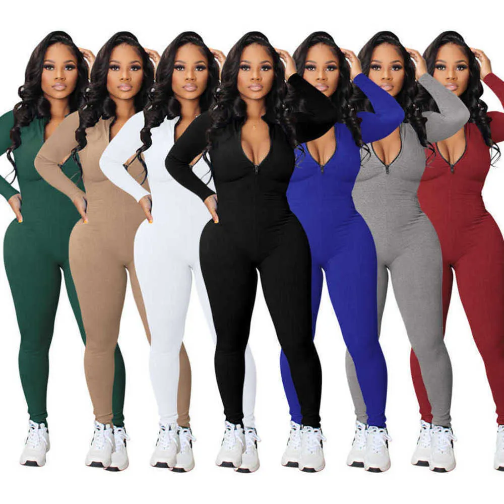 Frauen Overalls Neue Designer Stricken Rippe Bodycon Fitness Overall Sportswear Langarm Zipper Körper Stickerei Strampler 7 Farben