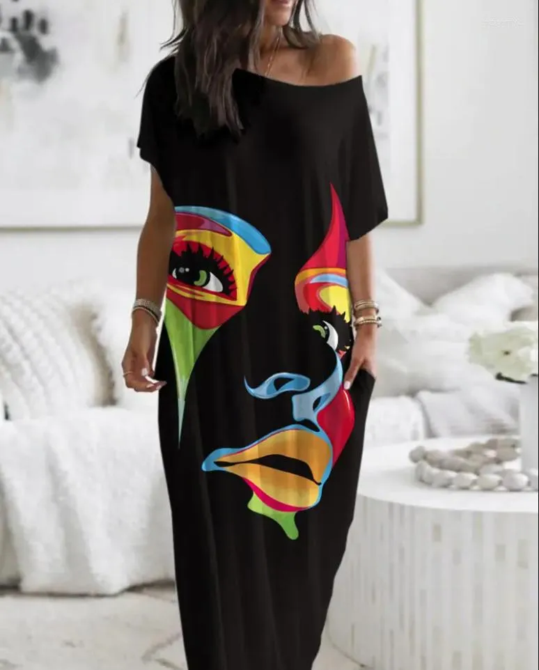 Party Dresses Women's Summer Dress Figure Print Pocket Design Cold Shoulder Casual 2022 Ladies Maxi Straight