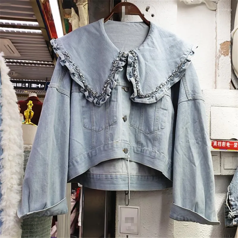 Women's Jackets 2022 Spring Leisure Denim Coat Girls Students Rhinestone Doll Collar Single-Breasted Short Jacket For Women Jean Coats