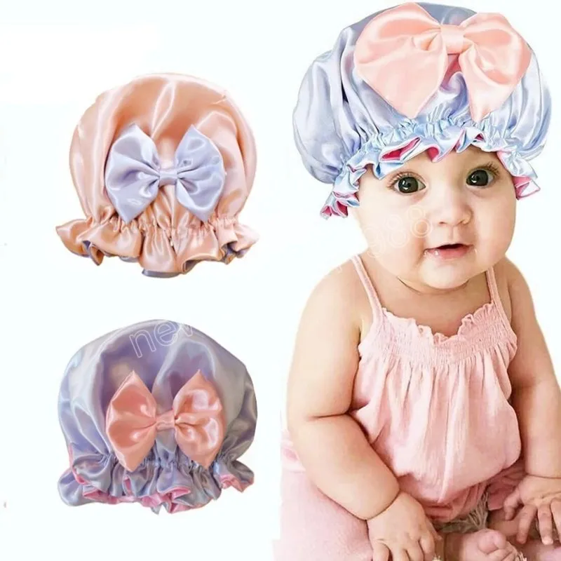 Baby Girls Nightcap With Hair Bows Newborn Turban Caps Beanies Silk Kids Round Hats Head Accessories Christmas Gifts