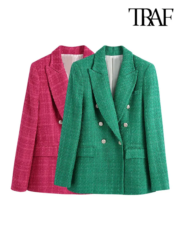 Women's Suits Blazers TRAF Women Fashion Double Breasted Tweed Green Blazer Coat Vintage Long Sleeve Flap Pockets Female Outerwear Chic Veste 221207