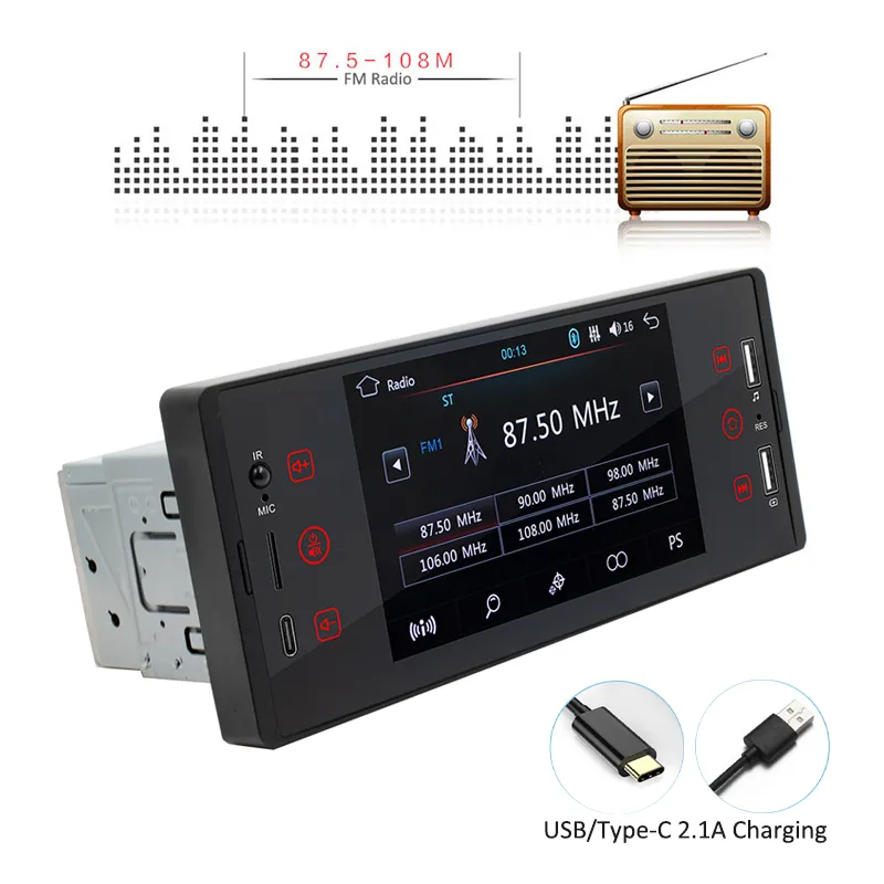 1 Din Car Radio Bluetooth зеркальный канал 5 -дюймовый MP5 Bluetooth TF Type C Зарядка USB 7 Colors Lightsing Touch Ecrem Head Bont M150