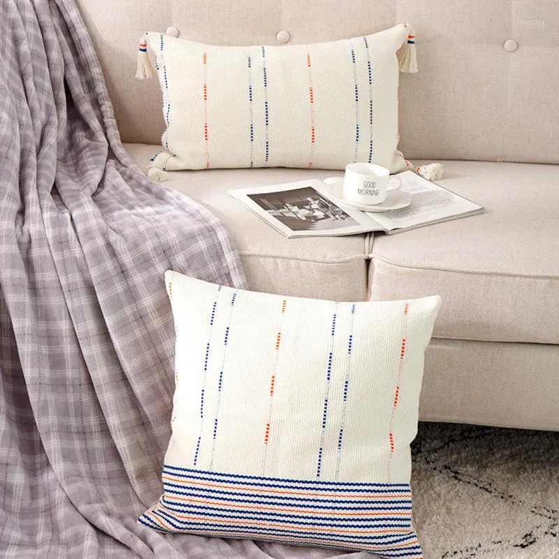 Oreiller DUNXDECO housse décorative Simple bleu Orange fil teint glands moderne maison canapé chaise literie Coussin
