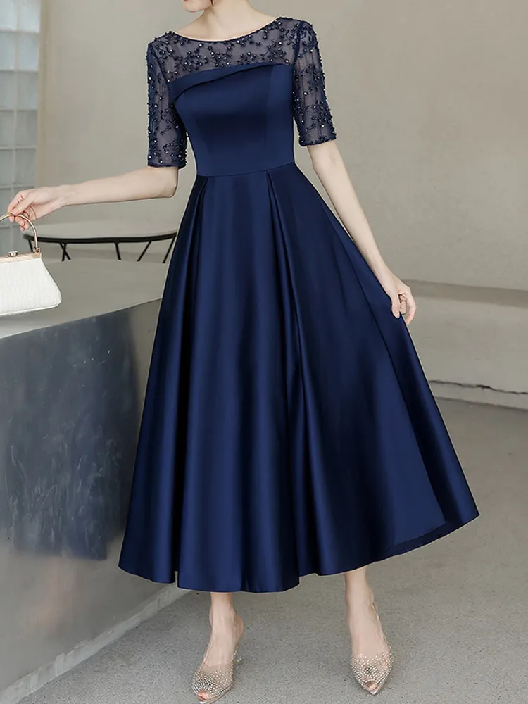 Navy Blue Mother of the Bride Dress Ankle Length Party Dresses Satin with Tulle Half Sleeves Zipper Back