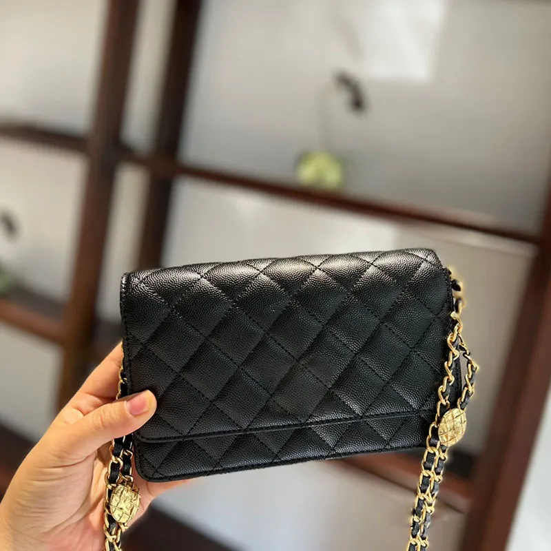 Bolso Cruzado Hombro Mensajero Embrague Sling Monedero Bolsos Diseñador de lujo para mujer Cadena de oro con cierre de metal Negro Pequeño Hardware antiguo 19 cm