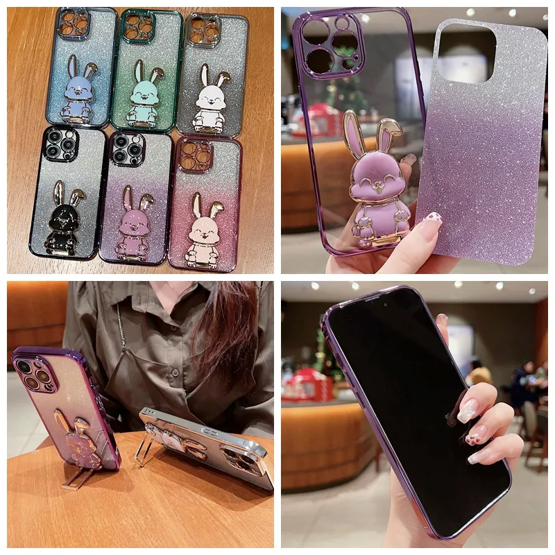 3D Rabbit Holder Plating Telefoonhoesjes voor iPhone 14 Pro Max 13 12 11 XR XS X 8 7 Plus Luxe Standstand Paper Bling Glitter Sparkle Metallic Soft TPU Lens Gradient Cover