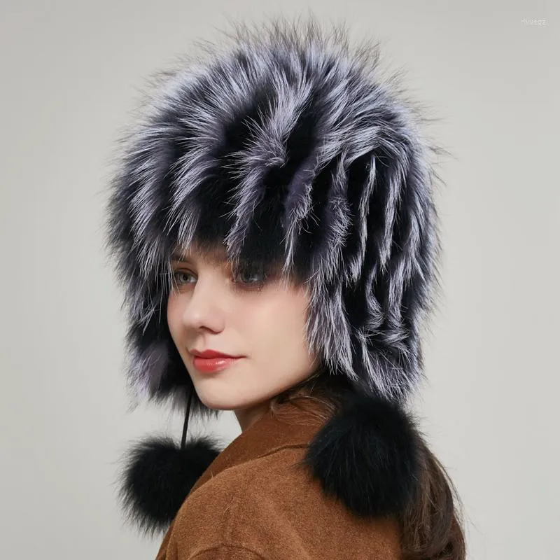 Berets JKP Real Natural Silver Fur Women Winter Hat Knitted Cap Bomber Female Ear Warm