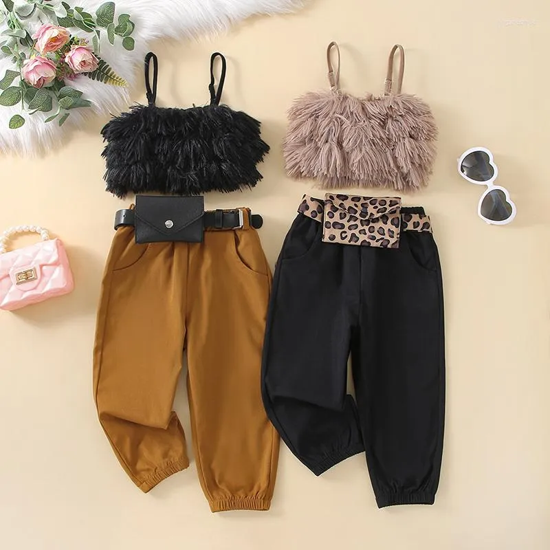 Kledingsets 1-6y Summer Fashion Kids Girls 3pcs Kleding Furry Spaghetti-riem Tanktops Lange broek taille tas