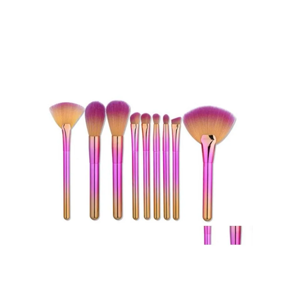 Other Household Sundries 9Pcs Sundries Fan Foundation Rainbow Eyeshadow Powder Eyebrow Eyeliner Make Up Brushes Set Professional Mak Dhq6Q