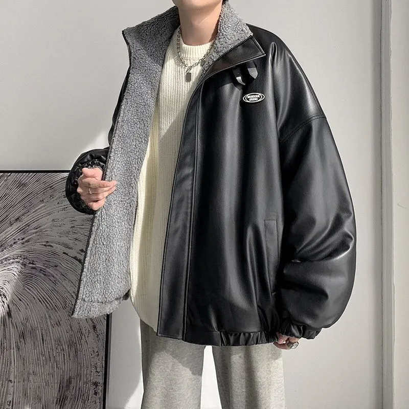 Piumino da uomo Parka Giacca da uomo in pelle PU e lana di agnello Abbigliamento bifacciale imbottito Autunno Inverno Hip Hop Cappotto oversize caldo e spesso Punk Streetwear 221207