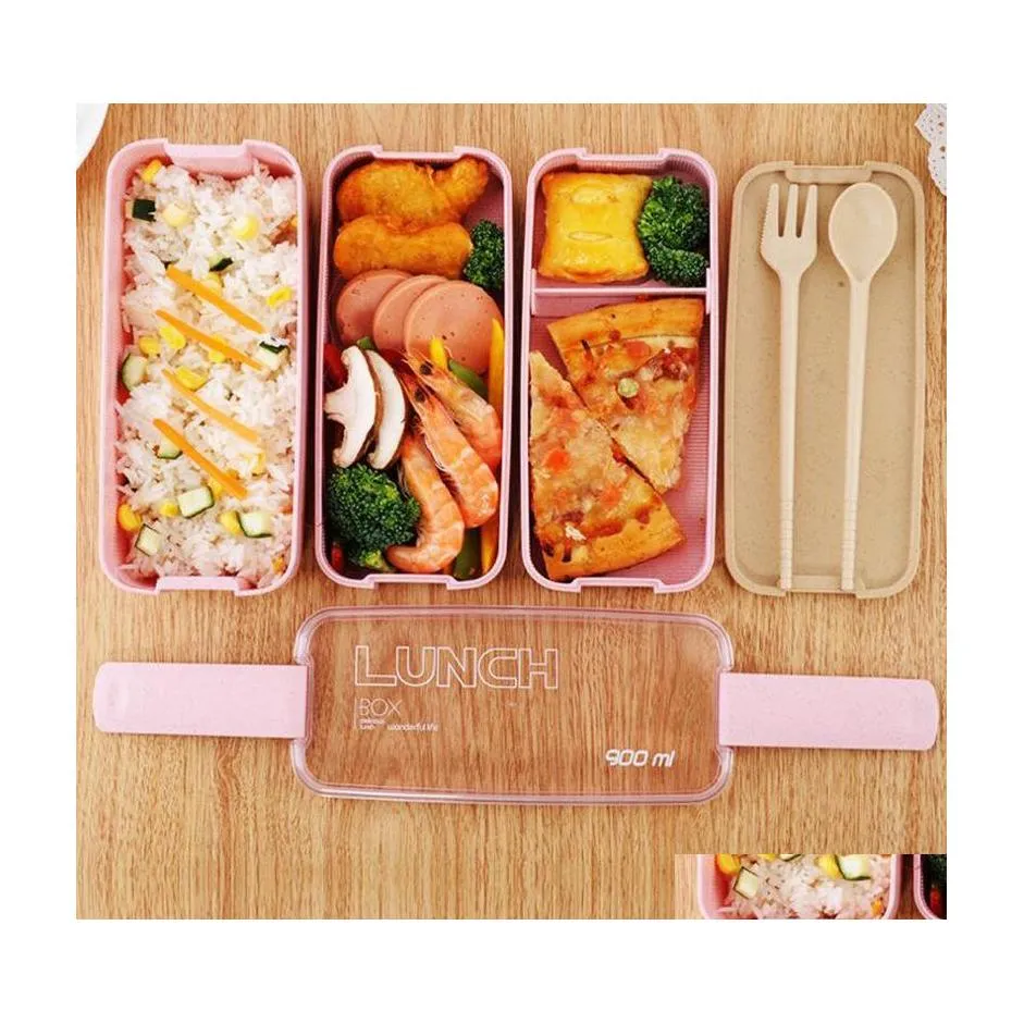أكياس صناديق الغداء مواد صحية صناديق الغداء 3 طبقة القمح St Bento Boxes microwave واجهات الطعام على الأدوات تخزين الطعام حاوية الغداء 900 مل DH902