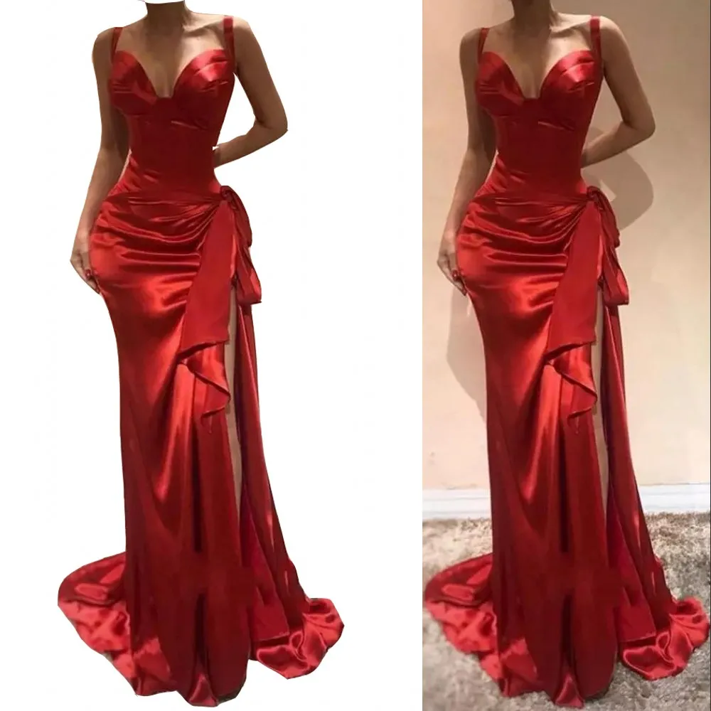 2023 Vintage Red Prom Dresses Spaghetti Straps Mermaid Sexy Side Split Satin Bow Women Dubai Formal Party aftonklänningar Wear