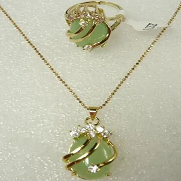 Mode sieraden natuurlijke groene jade jade cz ketting hanger ring oorbel set maat 6-9#