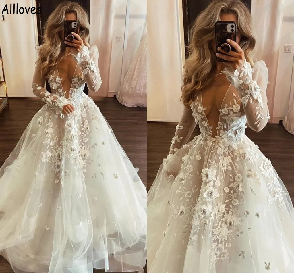 Abiti da sposa con scollo a V in pizzo floreale A Line con maniche lunghe Sexy See Through Appliqued Arabo Aso Ebi Abiti da sposa Tulle Sweep Train Plus Size Vestidos De Novia CL1581