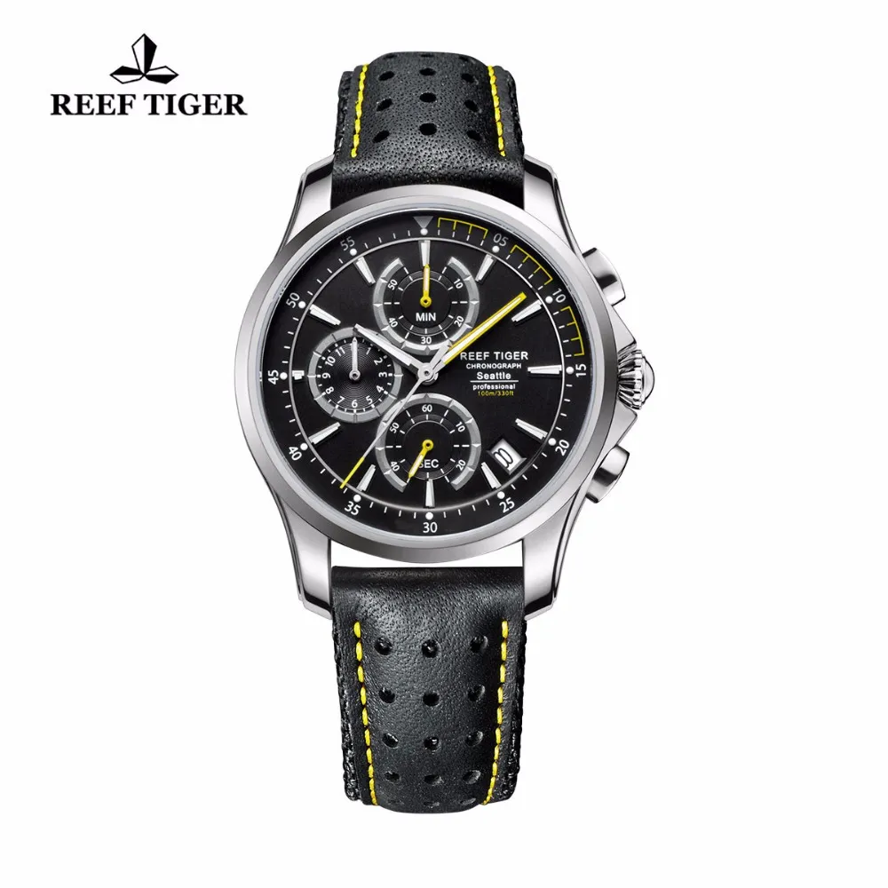 Reef Tiger/RT Sport Chronograph für Männer Quarz mit Date und Super Luminous Steel Leder -Gurt Uhren RGA1663