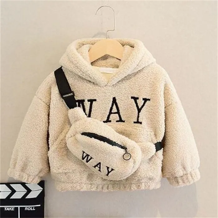 Ny stil barn pojke flicka hoodies med v￤ska vinter ull tjocka barn l￥nga ￤rmar huva tr￶ja sm￥barn baby varm kappa