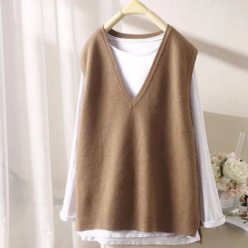 Women's Vests Spring And Autumn Solid V-neck Slouchy Loose Sweater Vest Women's Soft Sleeveless Overlay Top