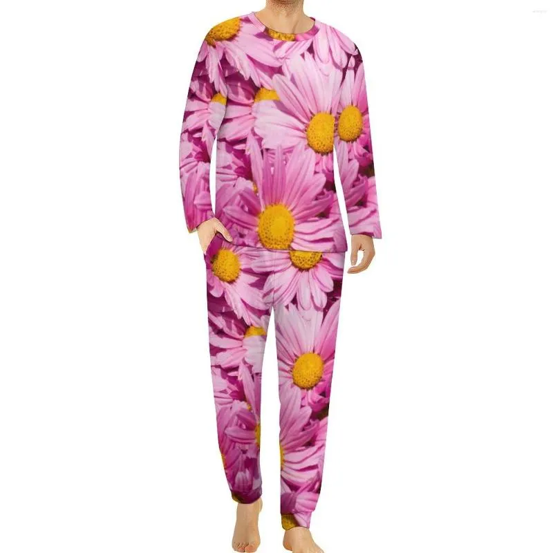 Vêtements de nuit pour hommes rose marguerite imprimé pyjamas printemps deux pièces beauté Floral romantique ensemble hommes à manches longues esthétique grande taille