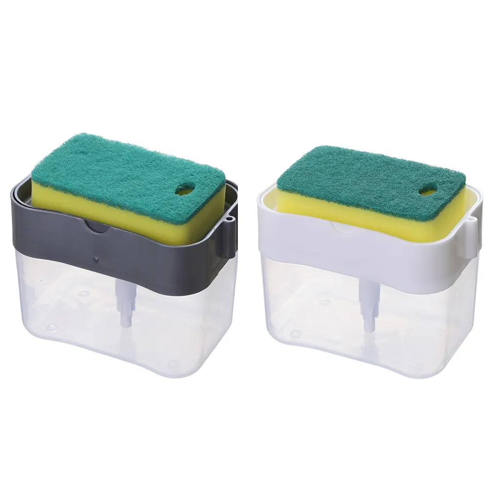 Liquid Soap Dispenser Portable Detergent Set for Kitchen Dish Box With Sponge Holder Hand Press Dispensing Tools 221207