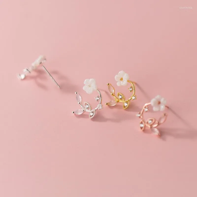 Stud Earrings 925 Sterling Silver Trendy Kroean Shell Flower Crystal Water Drops Literary Compact Mini Jewelry