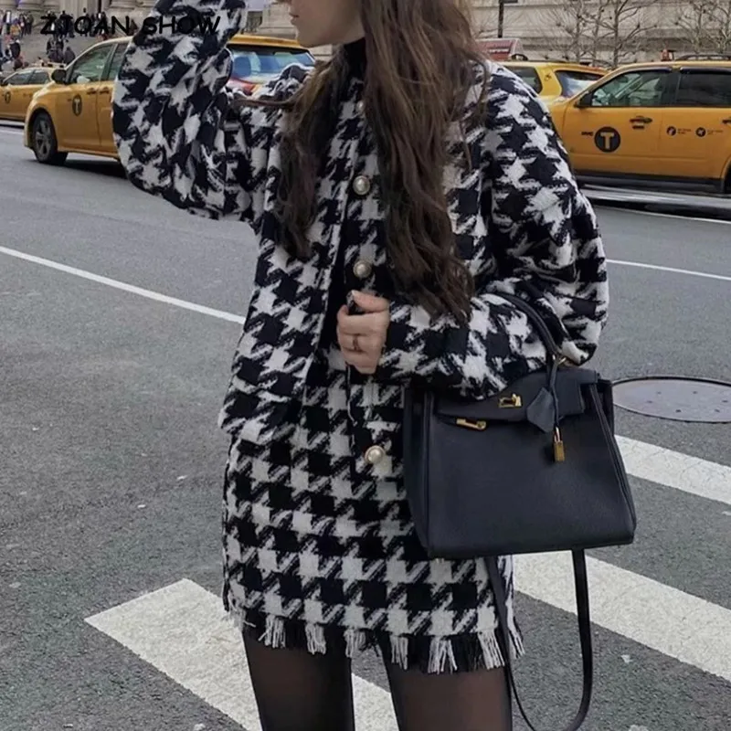 Two Piece Dress Vintage Sweet Women Pearl Button Black Check Gingham Plaid Blazer High Waist Mini Short Skirts Long Sleeve Suits 2 Pieces Set 221207