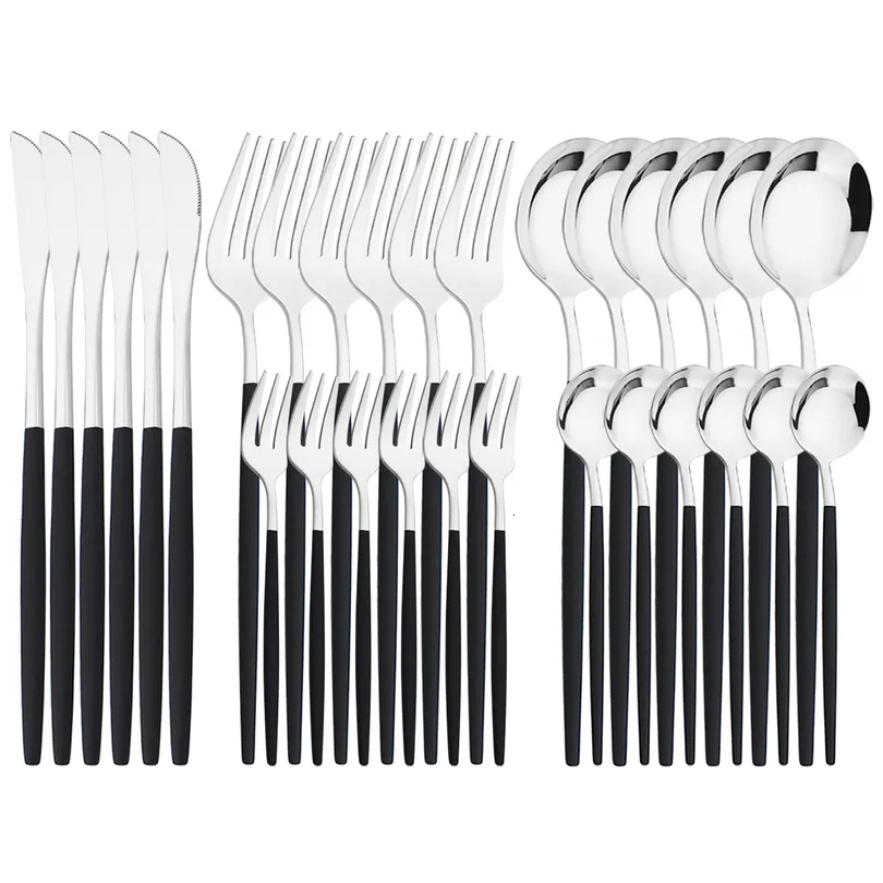 Dinnerware Sets 30pcs Black Silver Cutlery Knife Fruit Forks Cake Fork Tea Spoon Stainless Steel Tableware Party Kitchen Tool 221208