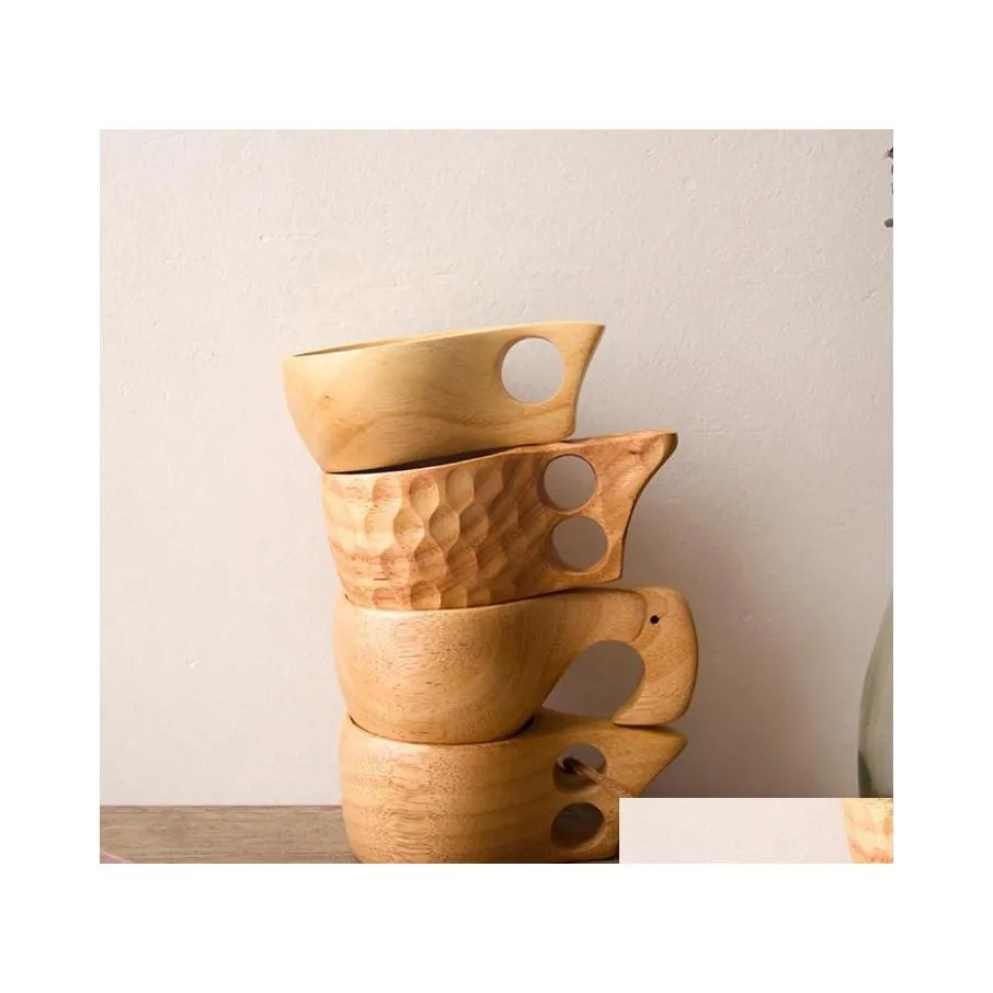 Mugs Nordic Style 4 Kinds Rubber Wood Tea Cups Mug With Handles Kuksa Wooden Coffee Rope Two Holes Handmade Portable Drinking Water Dh7B4
