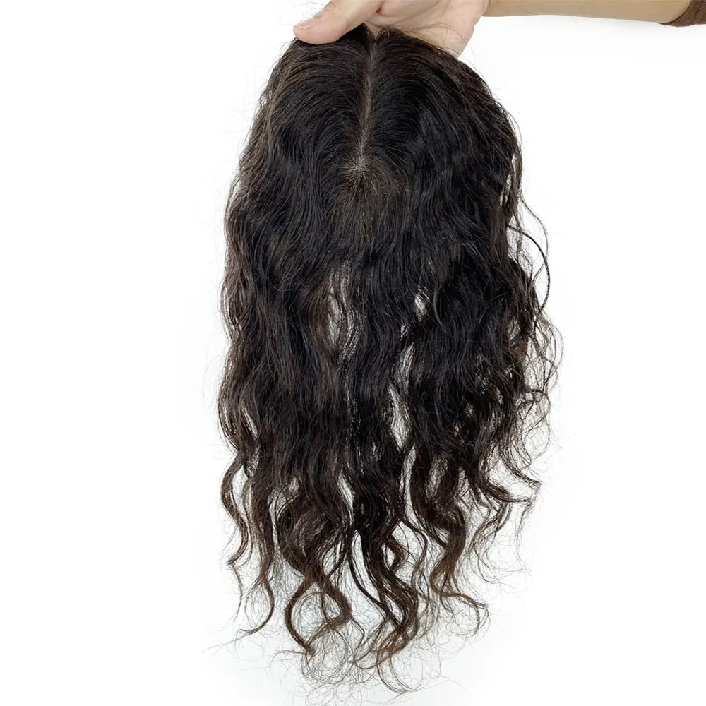 Topper de cheveux humains vierges péruviens de vague naturelle pour les femmes amincissant la base de soie toupet avec 4 clips Ins pièce de cheveux de femme ondulée 15x17cm 6x6 "