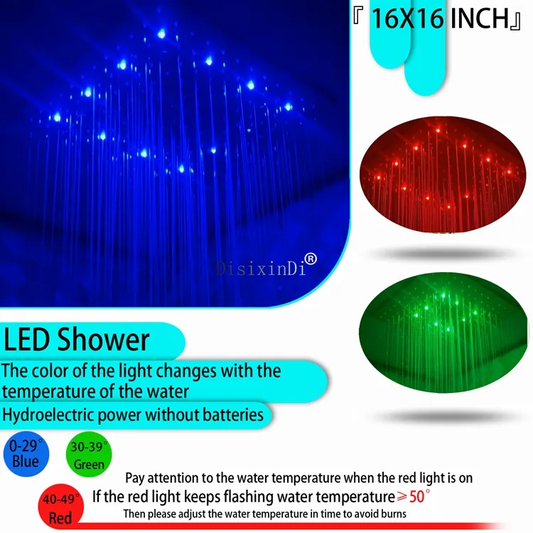 Brushed Gold Rainfall Shower Head: 16-Inch Ceiling Mount with LED Mist ...