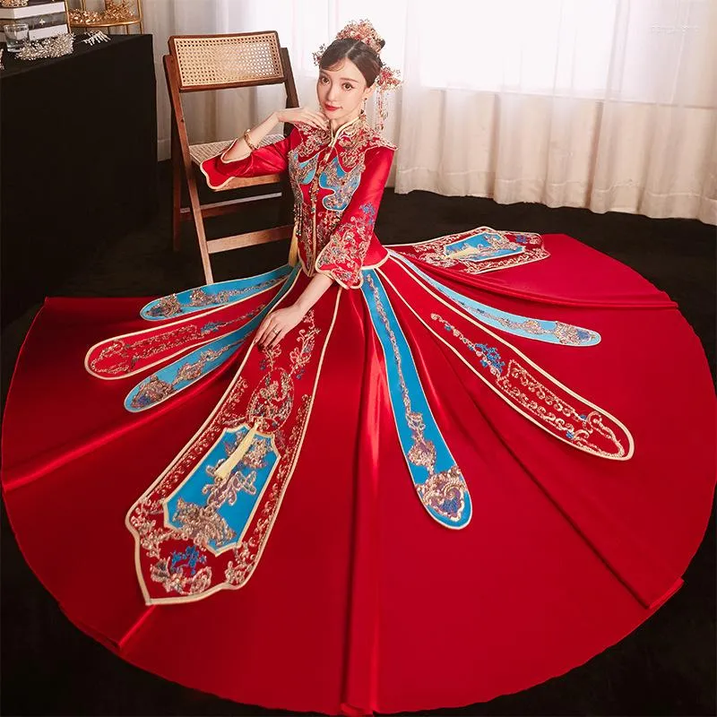 Ethnic Clothing FZSLCYIYI Red Blue Sequins Beaded Embroidery Tassel Elegant Bride Bridegroom Marriage Qipao Chinese Wedding Dress Cheongsa