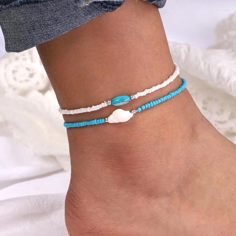 Anklets 2 st/set Bohemian Fashion Women Stone P￤rlor Skal Anklet Armband p￥ Leg Ocean Foot smycken Tillbeh￶r