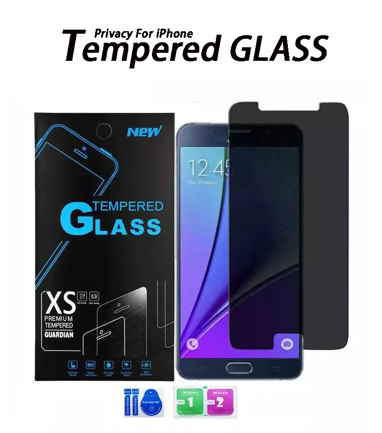 Film de protecteur d'écran de confidentialité pour iPhone 15 Pro Max XR XS 7 8 11 12 13 14 Plus Samsung 9H Verre de trempage de dureté Anti-Spy With Retail