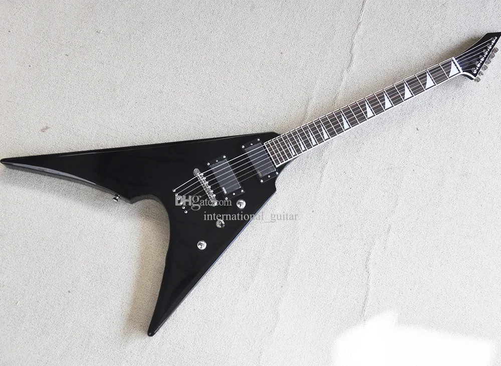 Customizable Black V Shaped Black Electric Guitar With EMG Pickups