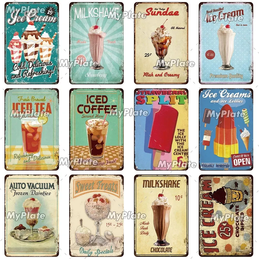 Ice Cream Métal Signe Vintage Plaque Tin Sign Plaque Décoration Murale Pour Bar Man Cave Cuisine Art Peinture Affiche 20 cm x 30 cm Woo