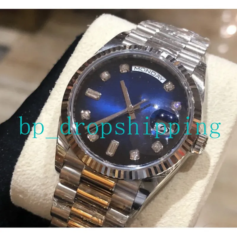 Marque de luxe Montre 40mm Automatique Argent Cadran Bleu Diamants Marqueurs Saphir Milieu Rangée Shell Drill Oystersteel Bracelet avec Carte Horloge Lumineuse