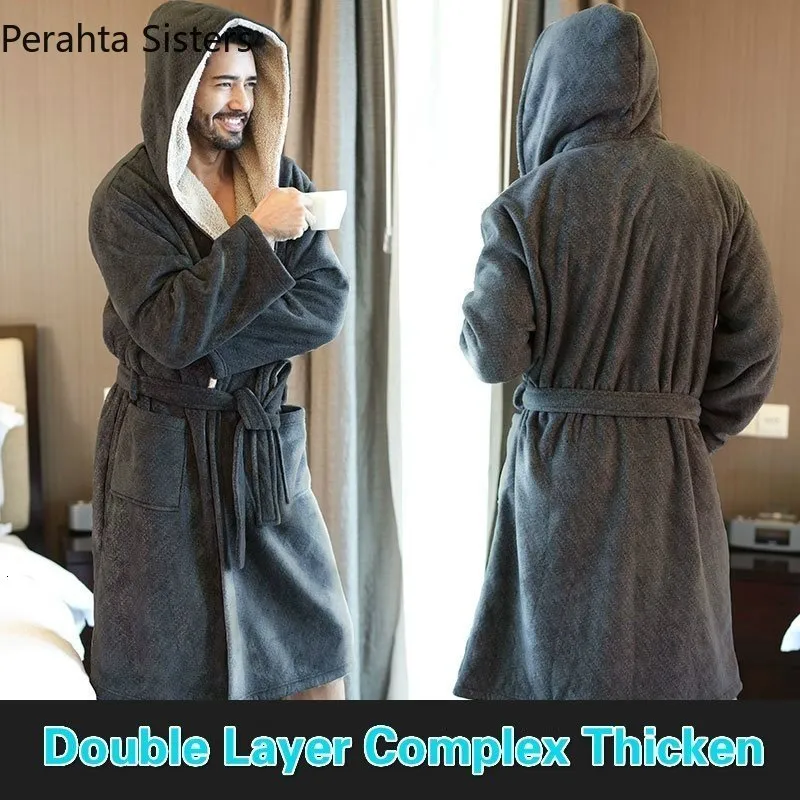 Men's Robes Coral Cashmere Winter Bathrobe Men Blue Comfort Flannel Hooded Bath Robe Wiht String Male Thick Warm Dressing Gow292D