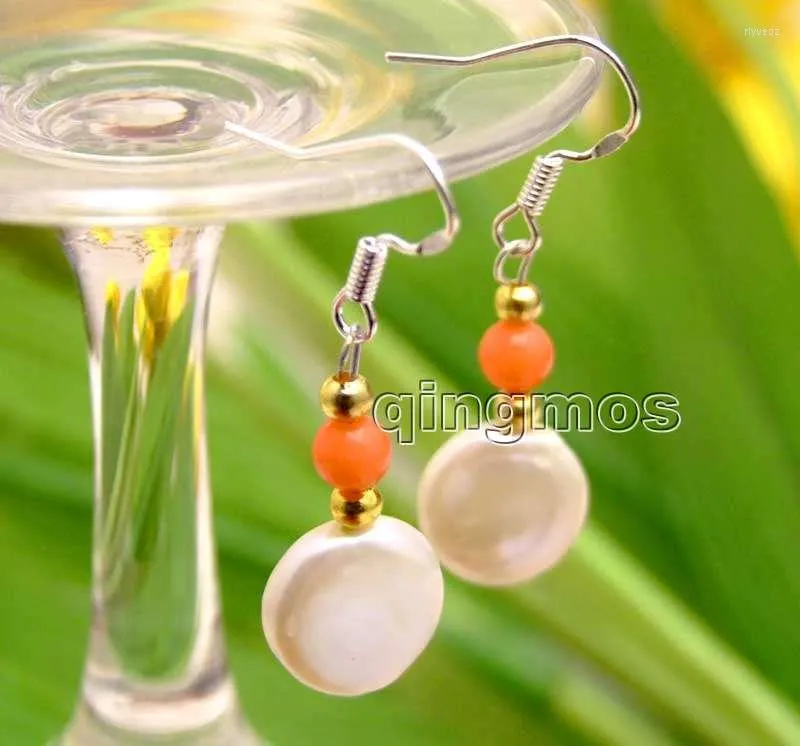 Boucles d'oreilles pendantes 12-13mm pièce blanche ronde perle d'eau douce naturelle et 5-6mm rose corail boucle d'oreille-ear470 vente en gros/au détail