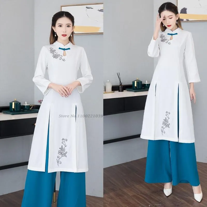 Etniska kläder 2022 Aodai Förbättrad Vietnam Cheongsam Chinese Flower Print Dress Pants Set Woman Traditionell Vintage Ao Dai Elegant Party