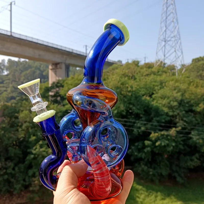 Bong à eau à double percolateur suisse Narguilé 14mm Joint femelle Brûleur à mazout coloré Dab Rig avec bol en verre