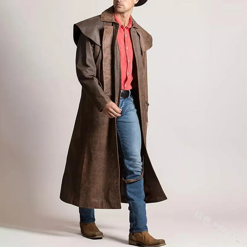 Vintage Style Hooded Wool Poncho Mens Cowboy Leather Duster Coat