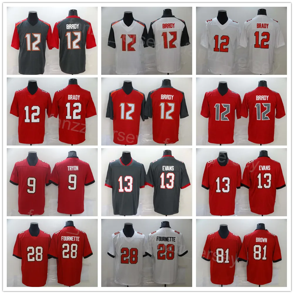 Męskie koszulki piłkarskie 81 Antonio Brown Jerseys 12 Tom Brady 28 Leonard Fournette 13 Mike Evans 9 Joe Tryon-Shoyinka Wszystkie szwy Czerwony Biały Szary Kolor drużyny Vapor Color Rush