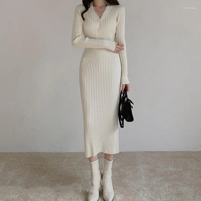 Casual Dresses 2022VintageFashion Knitted Sweater Long Sleeve Women Korean Elegant Fall Winter Button V Neck Midi Woman Dress